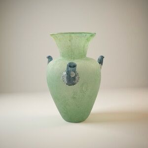 8”Frosted Green Art Glass Amphora Urn Vase SlateBlue Handles Mediterranean Style